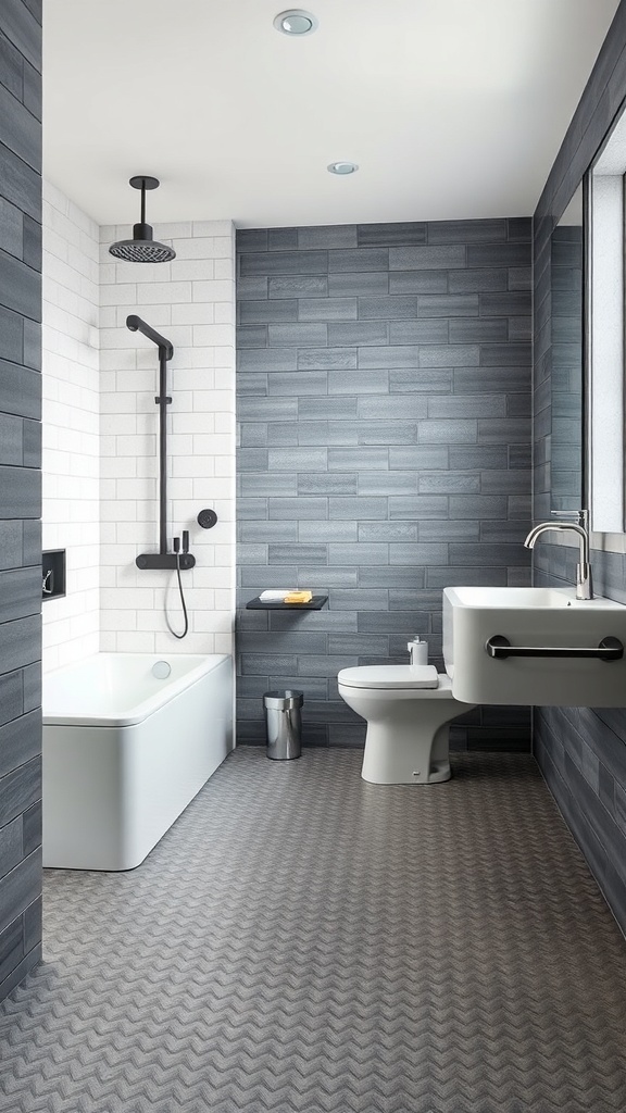 Modern bathroom with textured rubber flooring, gray walls, and sleek fixtures.
