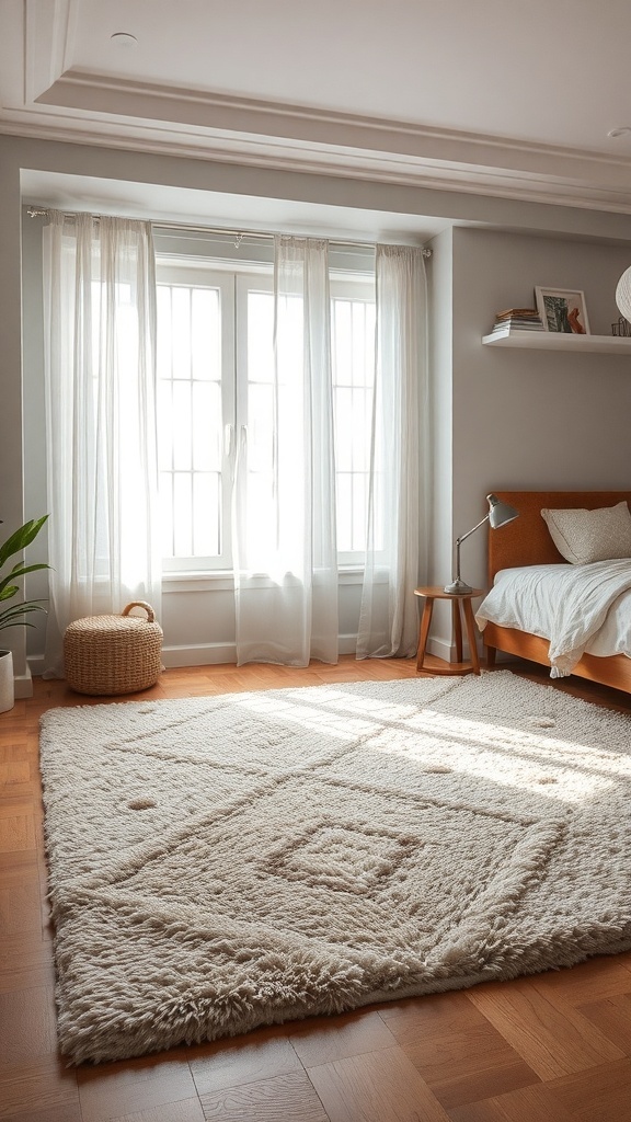 A cozy bedroom featuring a plush white rug on wooden flooring, enhancing the comfort and style of the space.