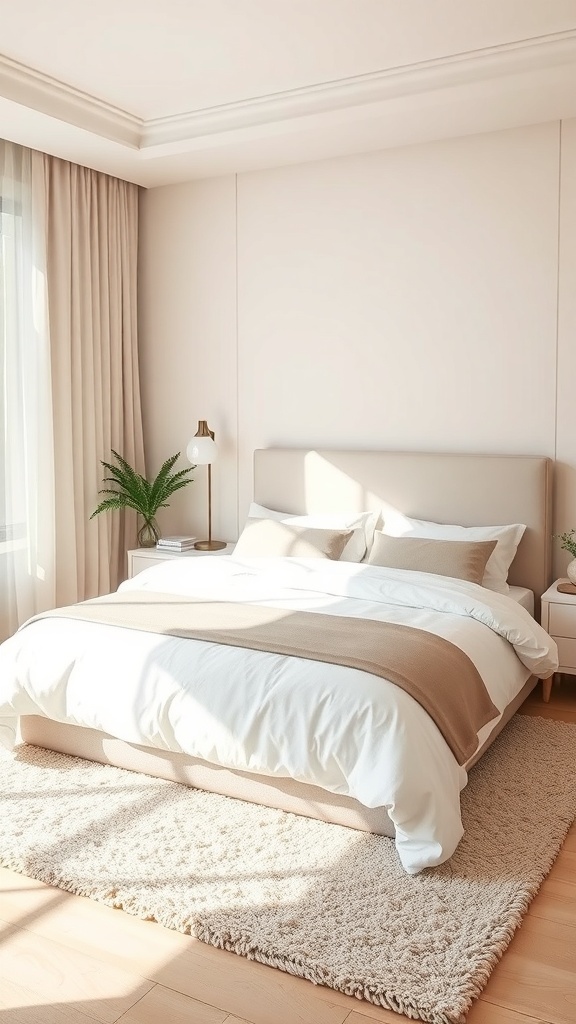 A cozy bedroom with a fluffy textured rug, neutral bedding, and soft lighting.