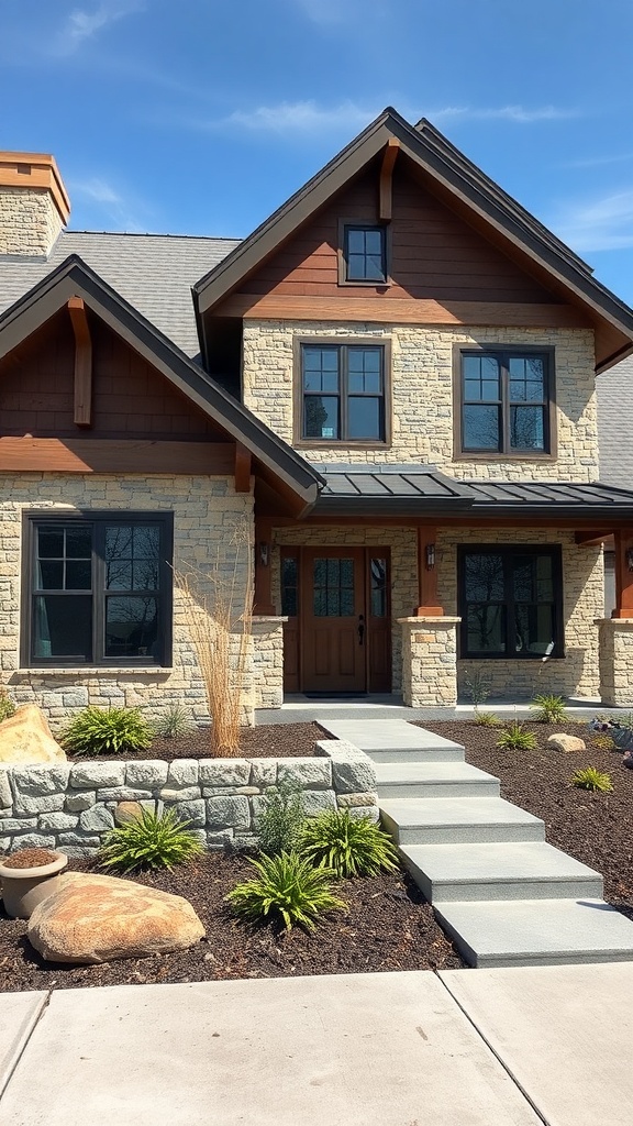 A house featuring textured stone and wood exterior with landscaping.