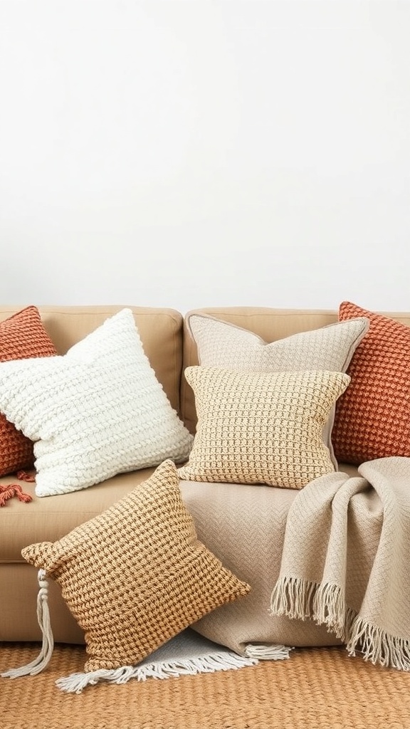 A cozy couch adorned with textured throw pillows in warm colors.