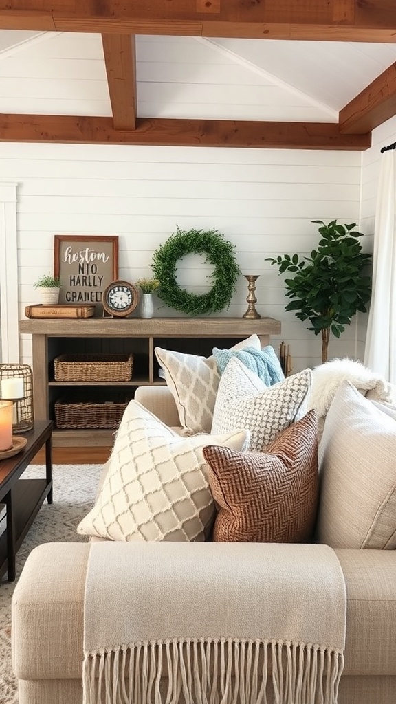 A cozy farmhouse living room with textured throw pillows on a sofa.