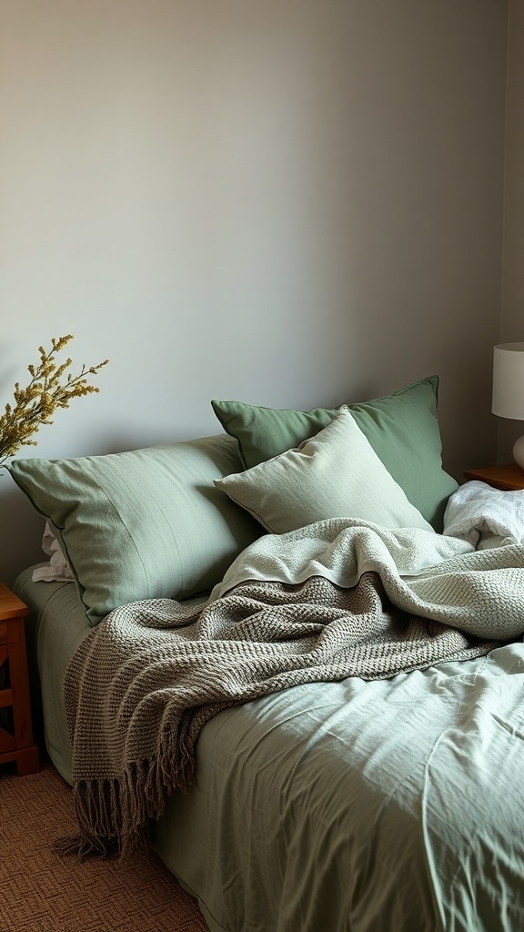 A cozy sage green Boho style bedroom featuring textured throws and pillows on a bed.