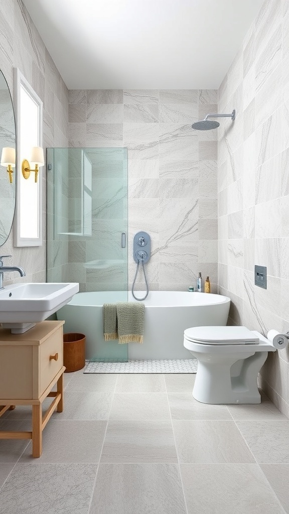 A modern bathroom featuring textured tiles on the walls and floor, with a bathtub, sink, and wooden cabinet.