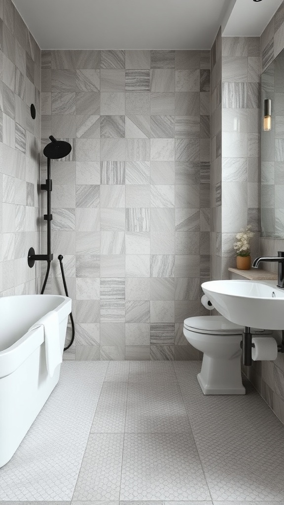 A modern bathroom featuring textured gray tiles on the walls and a white bathtub.