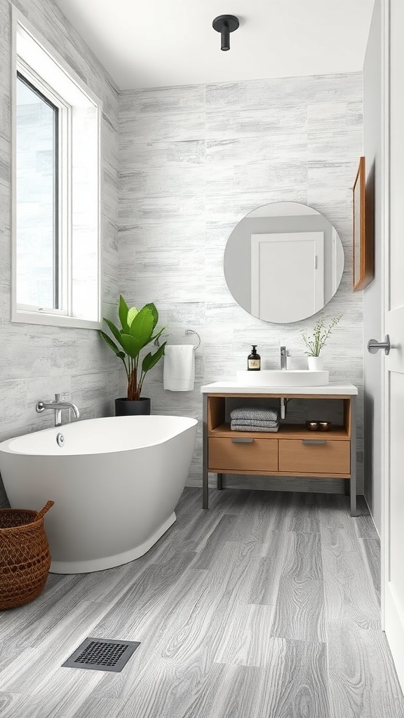 Modern bathroom featuring textured vinyl flooring, a white bathtub, and a wooden vanity.