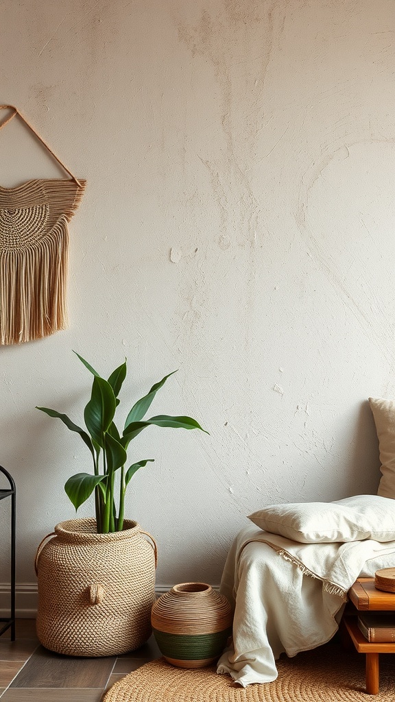 A cozy boho chic corner featuring a textured wall, a woven wall hanging, a plant in a basket, and decorative pots.