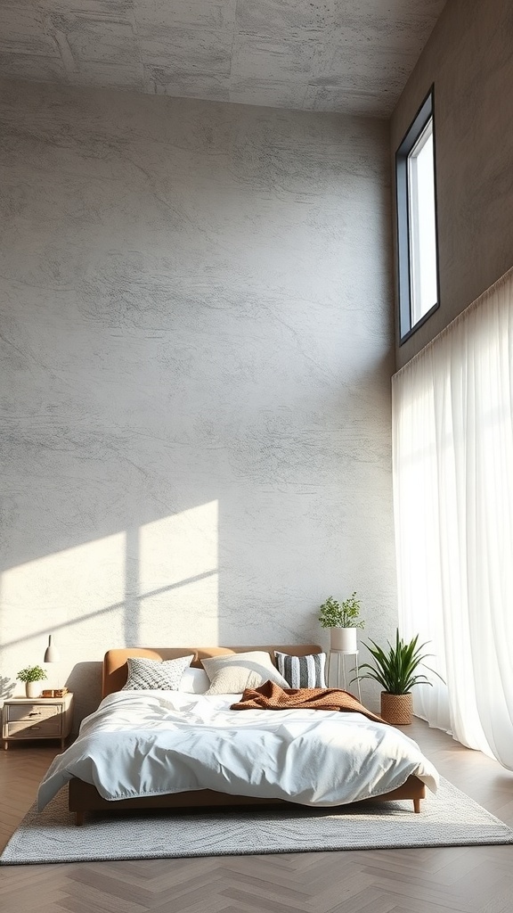A modern bedroom featuring a textured wall finish, large window with natural light, and cozy bedding.