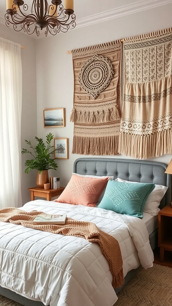Cozy bedroom with textured wall hangings, a gray bed, and soft pillows.