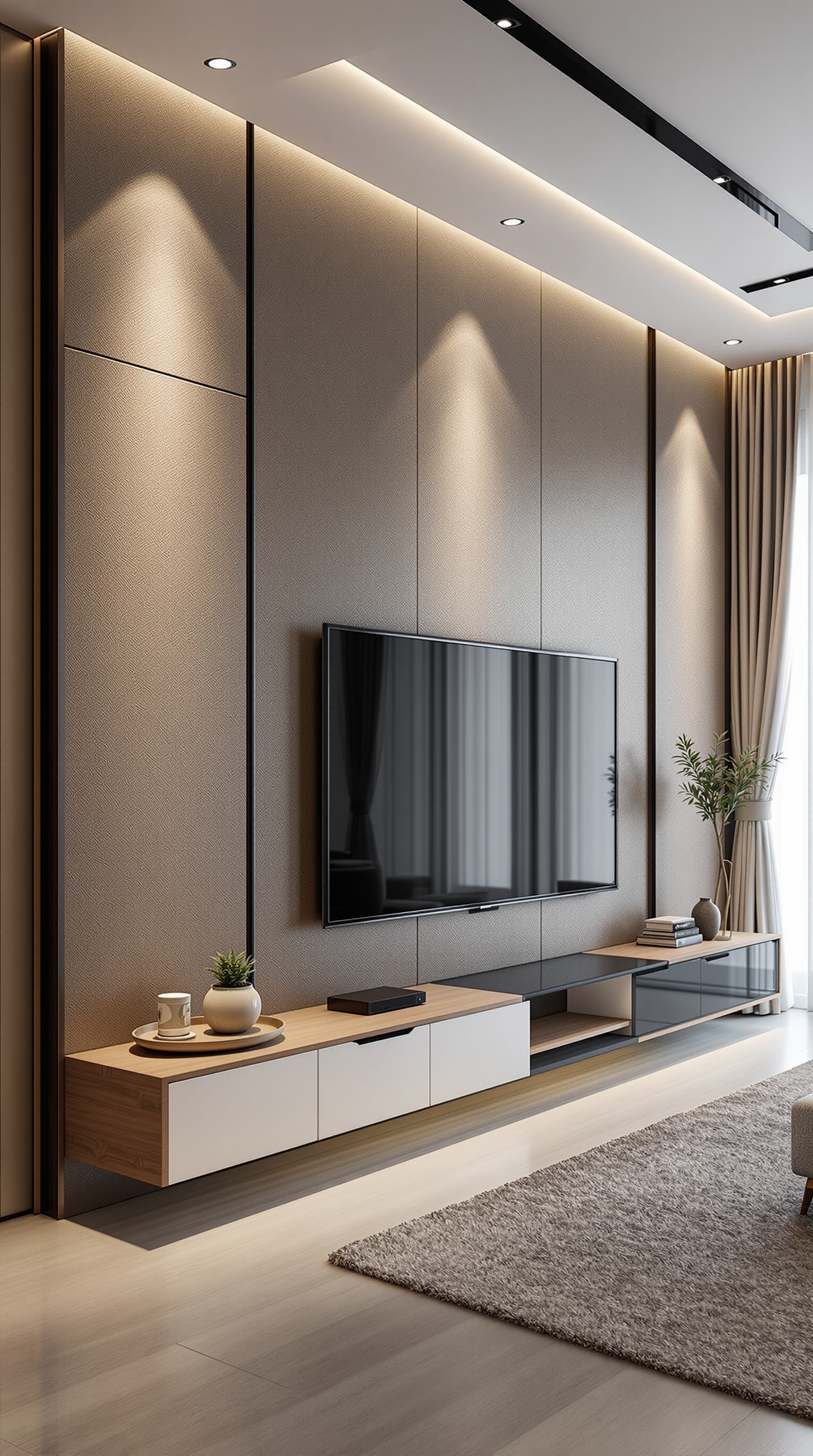 A modern living room featuring textured wall panels behind a mounted TV, wooden furniture, and decorative plants.