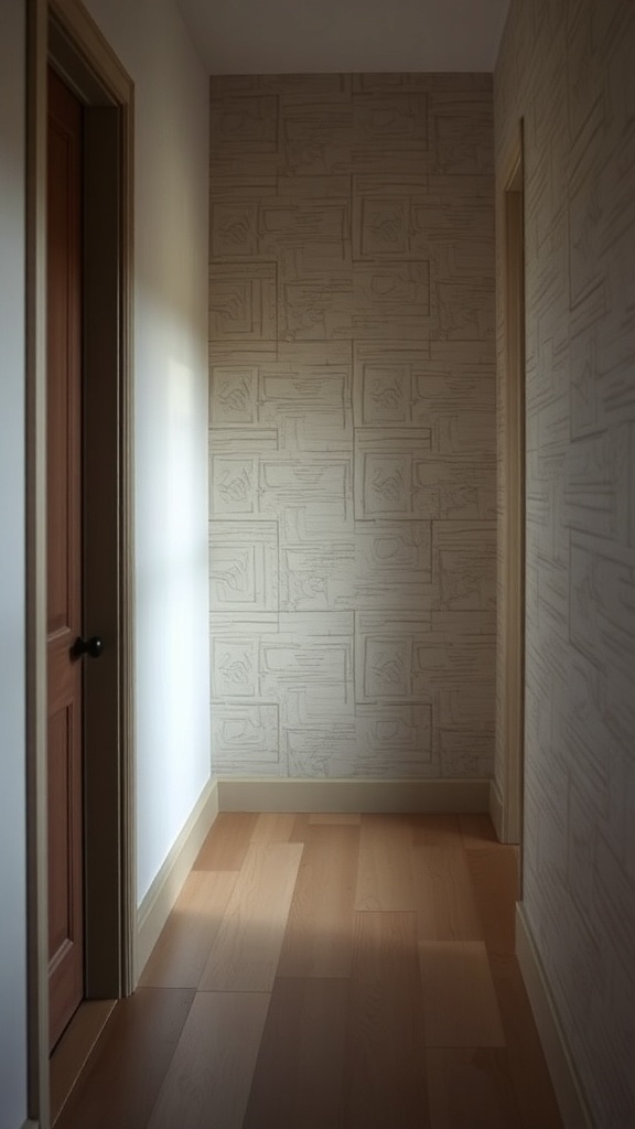 A hallway featuring textured wall panels and wooden flooring.
