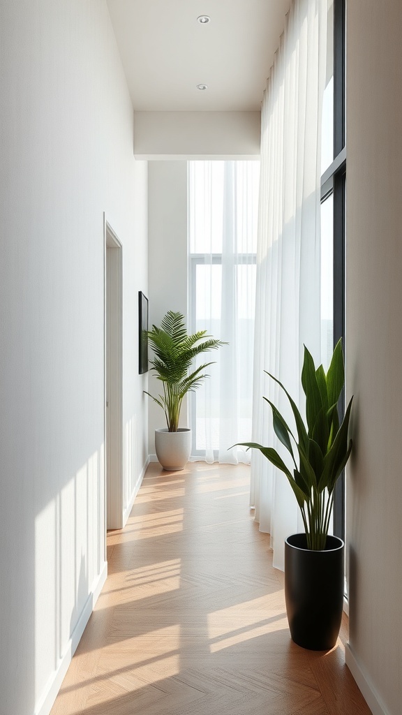 A bright and airy narrow hallway with large windows and plants.