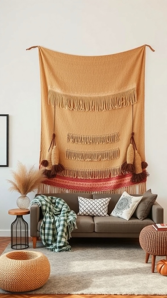 A cozy living room featuring a textured wall tapestry, a light sofa, and decorative pillows.