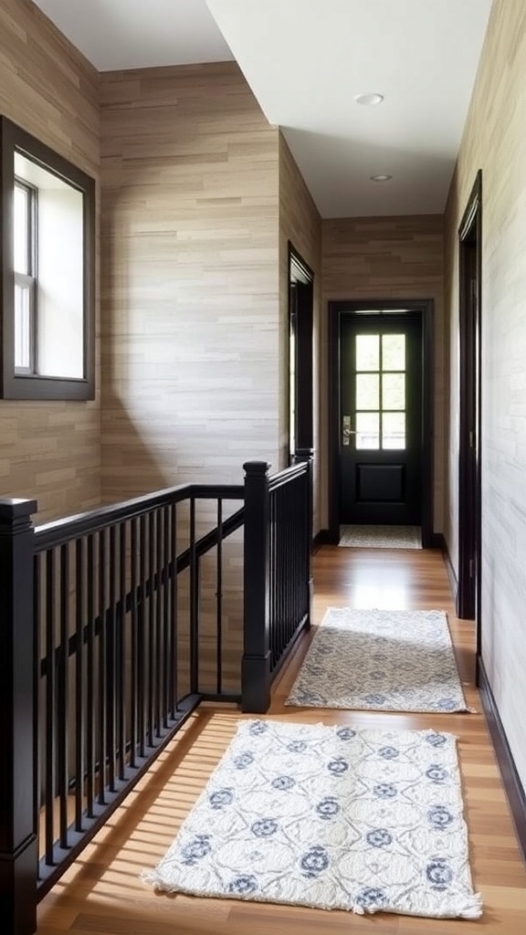 A stylish hallway featuring textured walls, a black bannister, and a patterned rug.