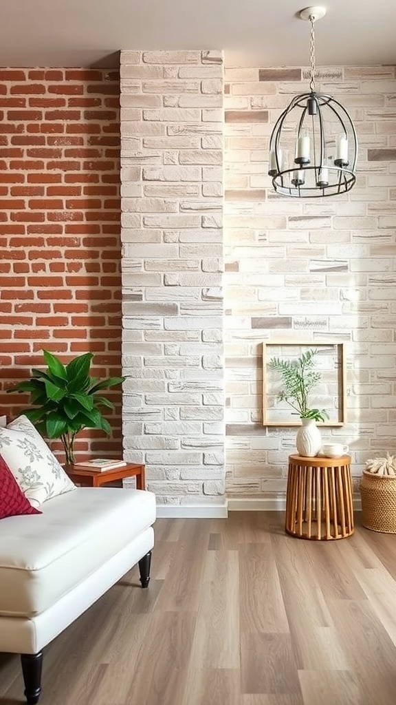 A cozy corner featuring a light yellow brick wall and a woven chair with decorative grass.