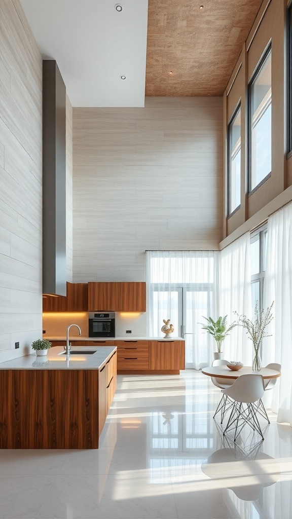 Modern kitchen with textured wall treatments and wooden cabinetry