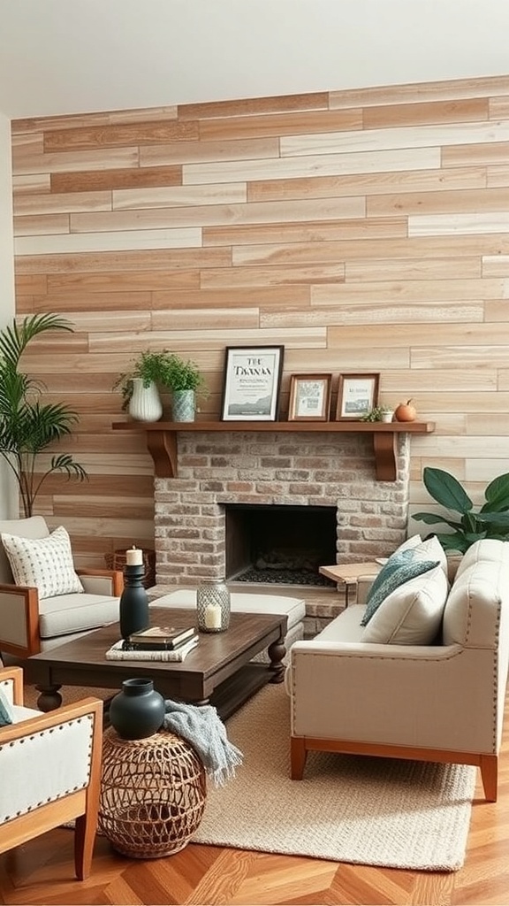 Cozy living room with textured wall treatments featuring wood and brick accents.