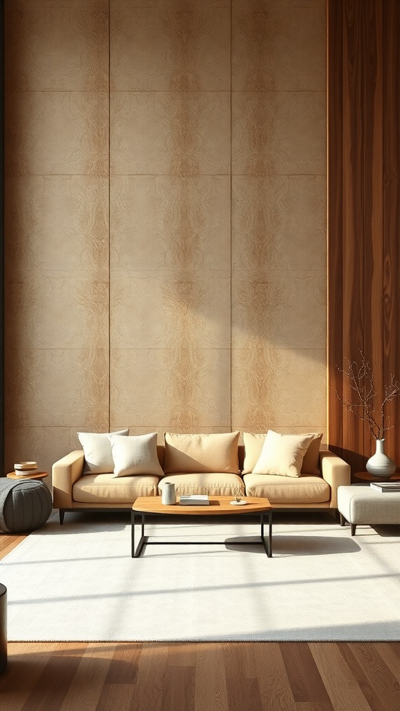 A cozy living room with textured beige walls and a light-colored sofa.