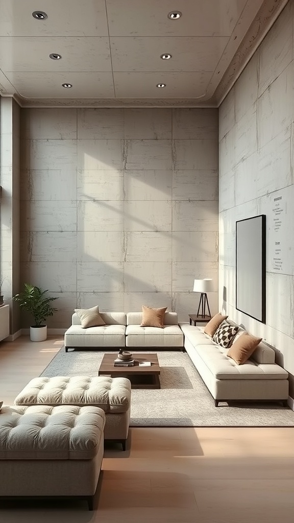 A cozy sunken lounge with textured walls, featuring soft seating and warm lighting.