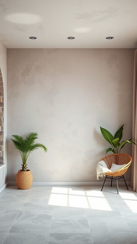 A cozy room featuring a textured wall, a potted plant, and a woven chair.