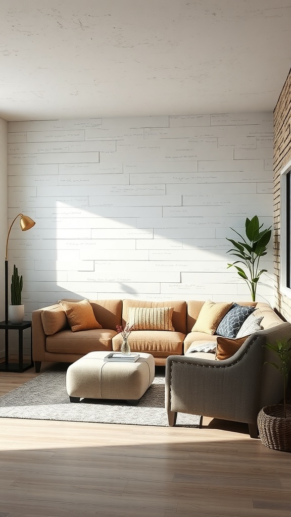 Cozy sunken couch area with textured wall and plants