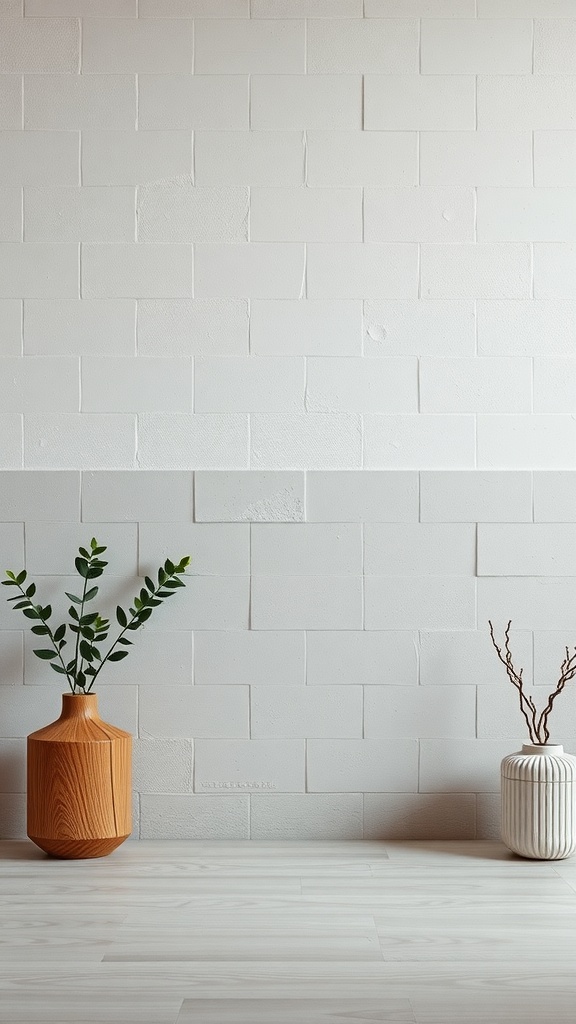 A minimalist room with a textured white wall and two vases, one wooden with greenery and another ceramic with a branch.