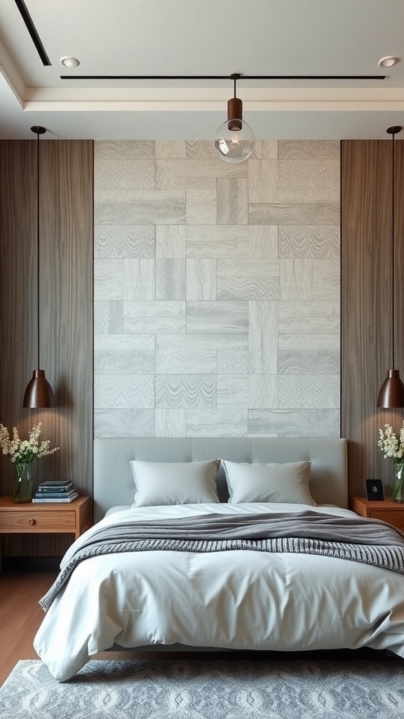 A modern bedroom featuring a textured wall treatment with light wood tones and soft bedding.