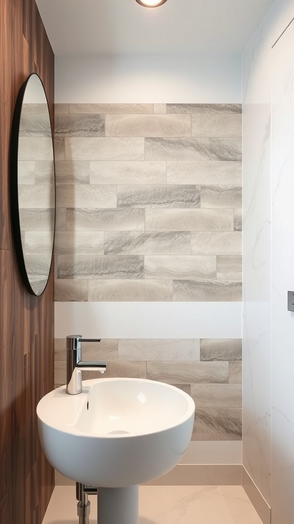 A modern bathroom featuring textured wall treatments with wood paneling and stone tiles.