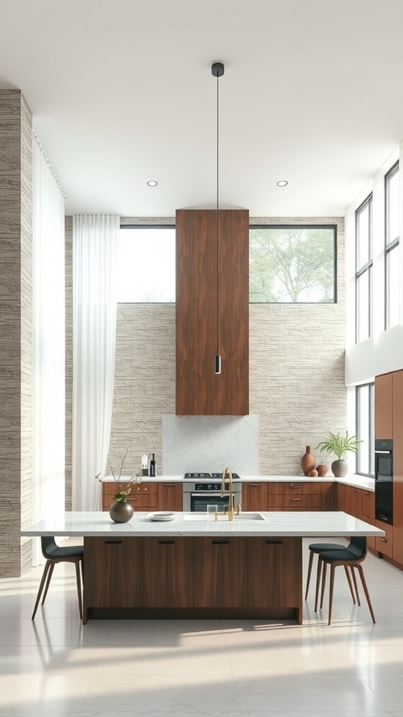 A modern luxury kitchen with textured wall treatments and wooden cabinetry.