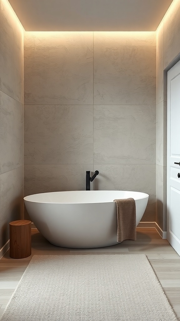 A minimalist bathroom featuring textured walls, a freestanding bathtub, and soft lighting.