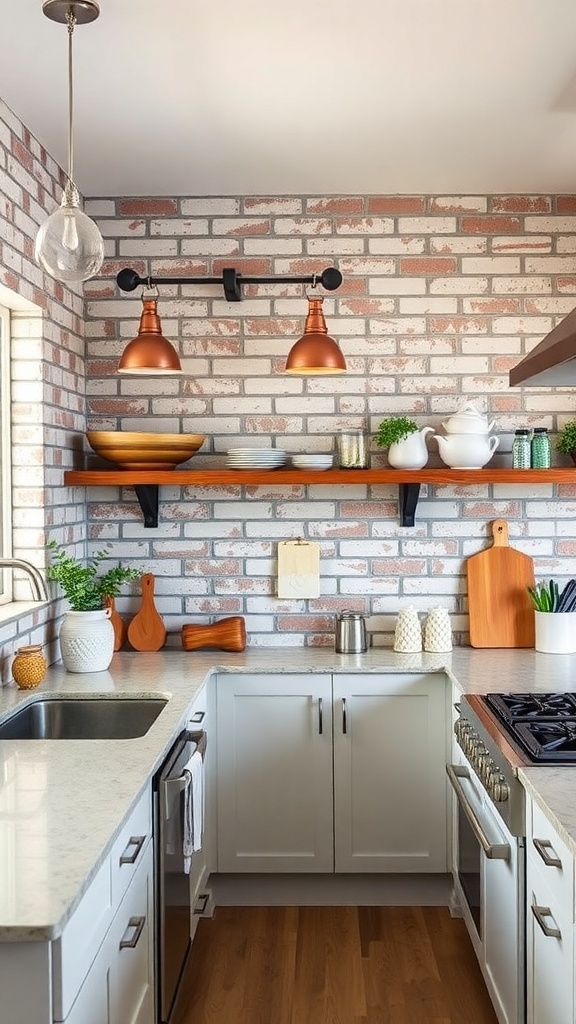 A stylish kitchen featuring a textured brick wall, modern lighting, and wooden shelves with kitchenware.