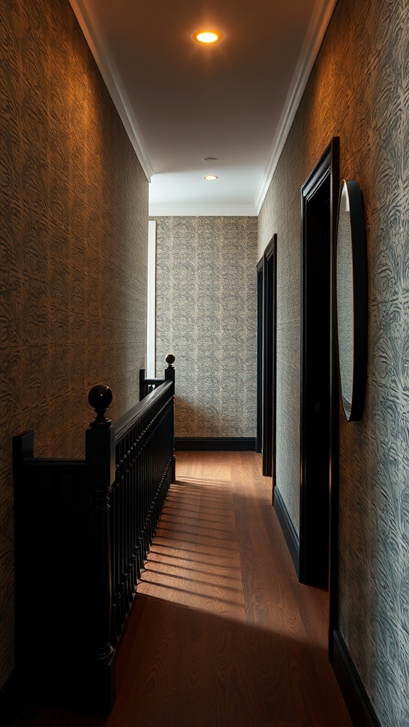 A hallway featuring textured wallpaper and a black bannister.
