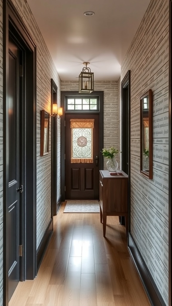 A stylish hallway featuring textured wallpaper, dark trim, and a wooden console table.
