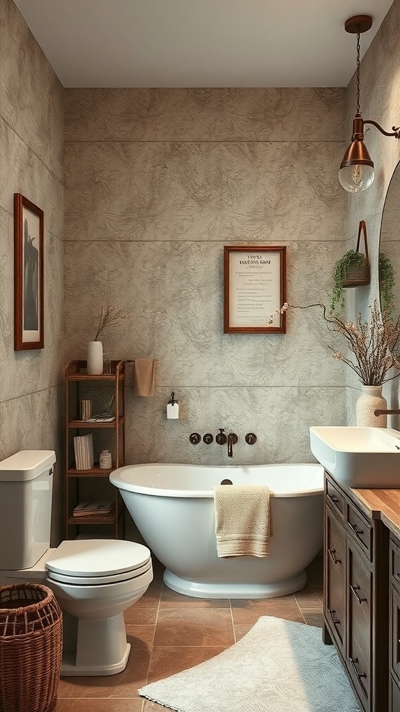 A rustic bathroom featuring textured wallpaper, a freestanding bathtub, and wooden accents.