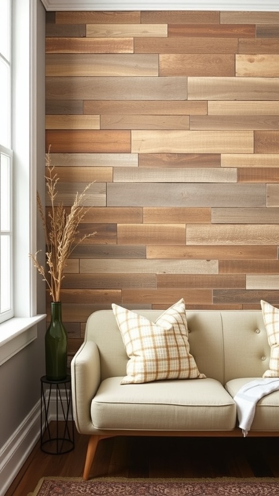 A wall with wooden paneling at the bottom and a plain white upper section.