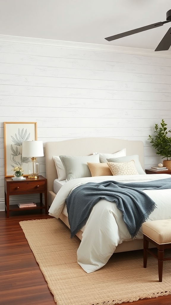 A cozy bedroom featuring a textured white shiplap wall, soft bedding, and warm wood accents.