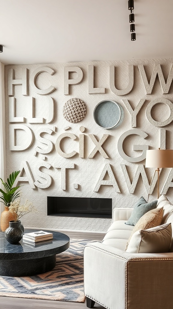 A modern living room with a textured wall featuring large 3D letters and circular decor elements.
