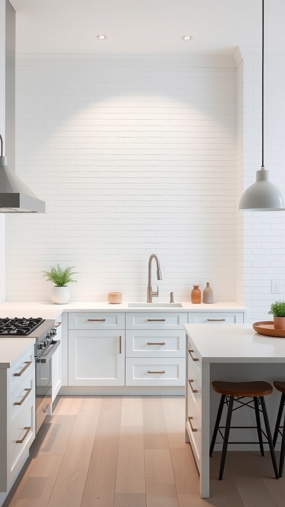 A modern kitchen featuring textured white walls, sleek cabinets, and warm wood accents.