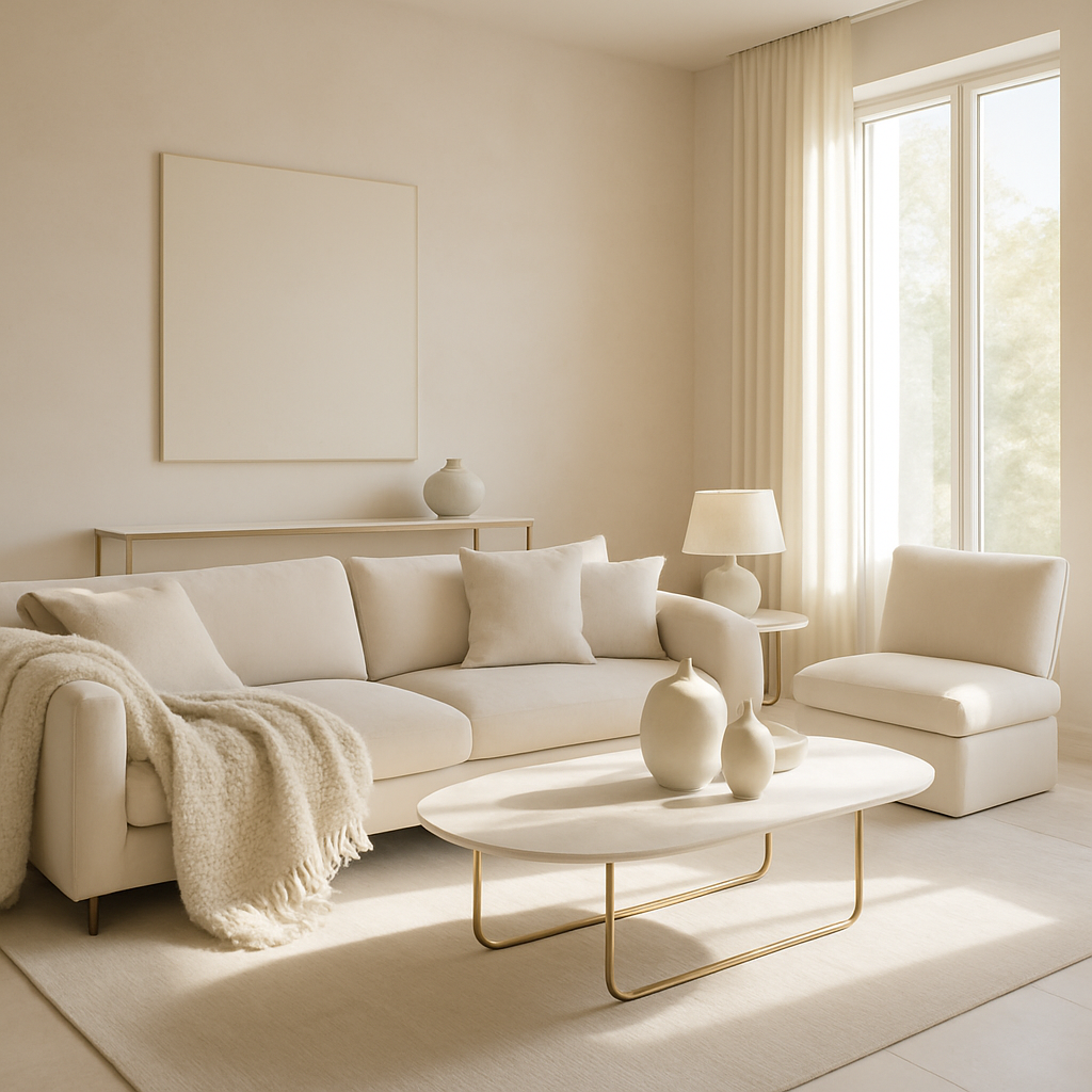 Luxuriöses minimalistisches Wohnzimmer mit neutralen Tönen und verschiedenen Texturen