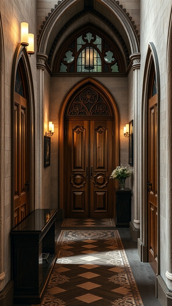 Luxuriöser Flur im modernen Western Gothic-Stil mit kunstvollen Holztüren und eleganten Wänden.