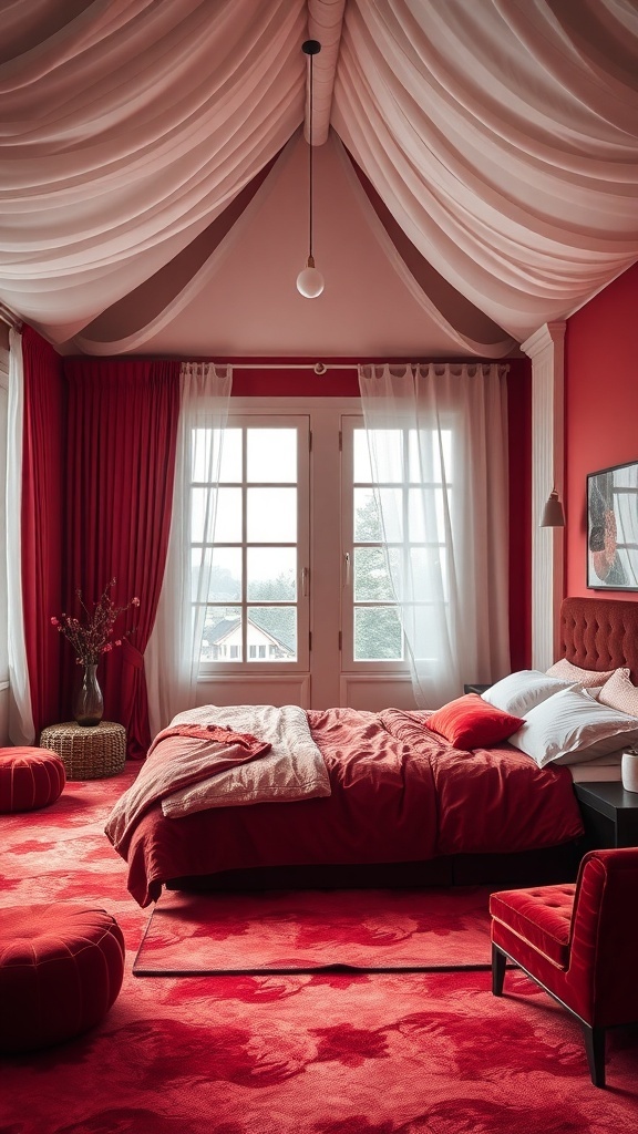 Ein kirschrotes Schlafzimmer mit weichen Texturen und eleganten Materialien.