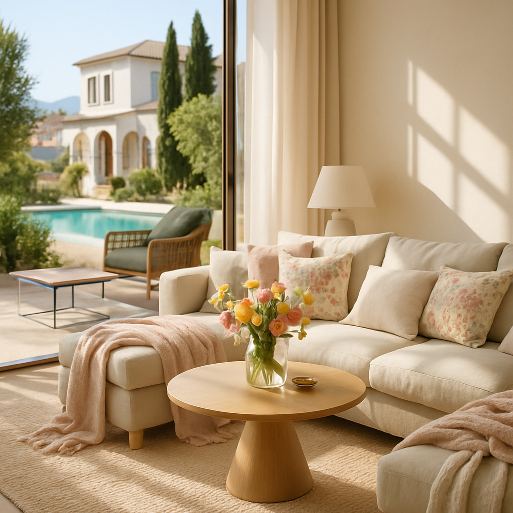 Helle Wohnlandschaft mit Couch, Kissen, Tisch und Blumenstrauß