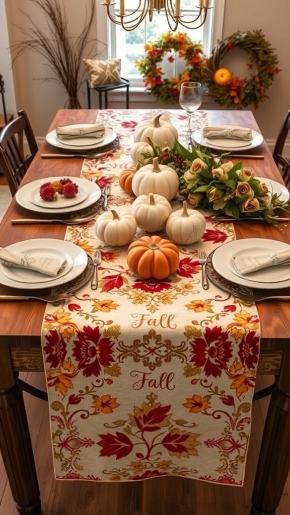 Thanksgiving-themed table runner with pumpkins and floral arrangements on a dining table.