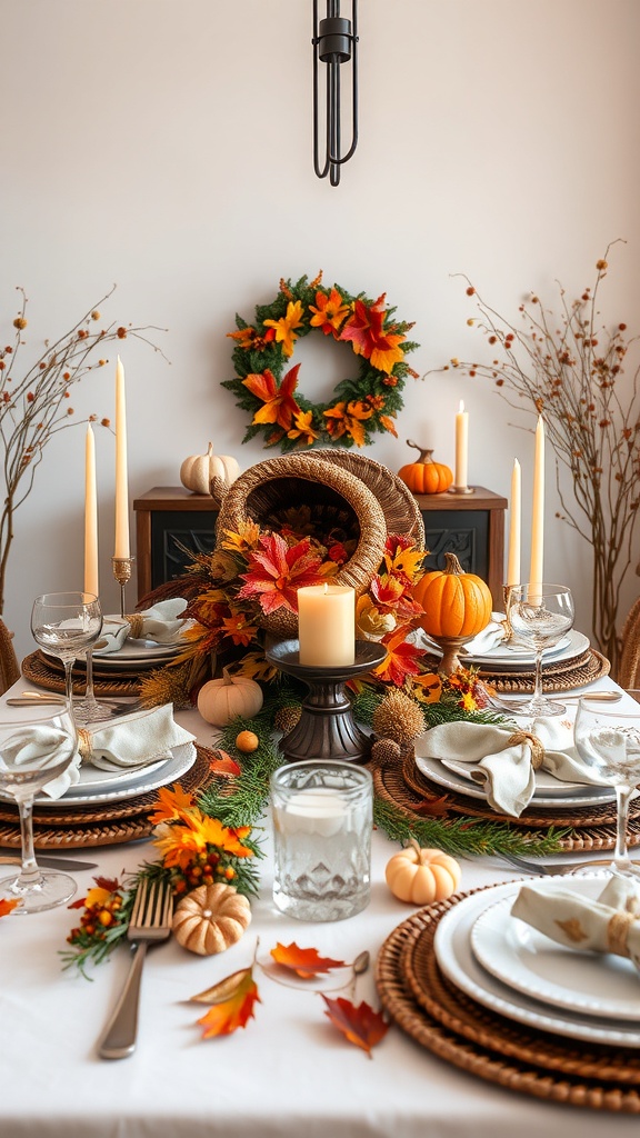 Thanksgiving table centerpiece with pumpkins, leaves, and candles