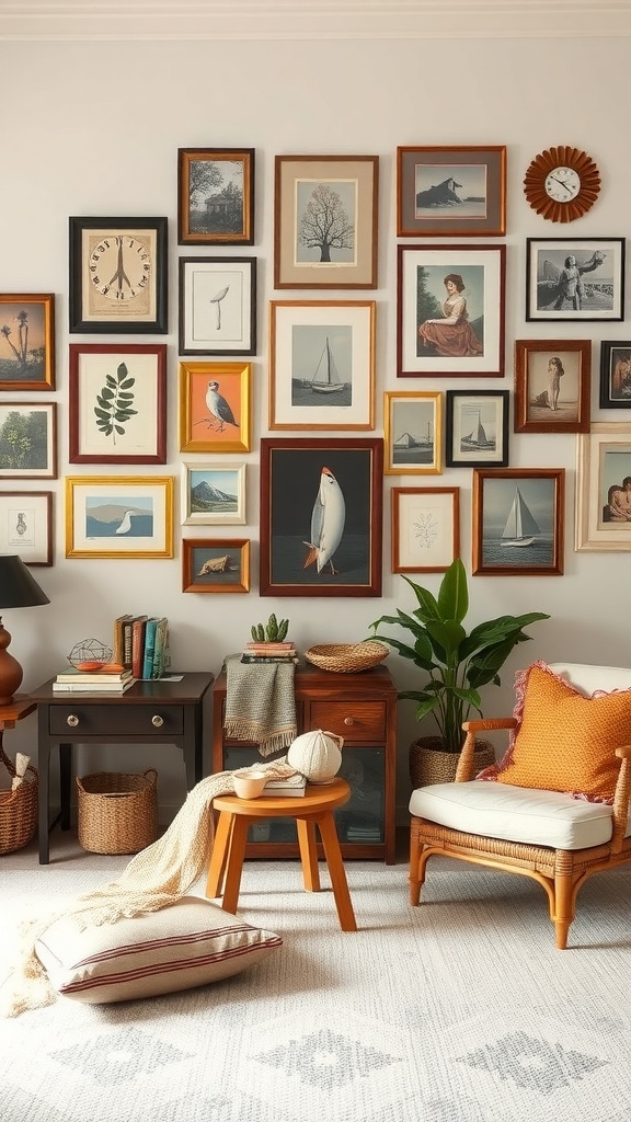 A cozy room featuring a gallery wall with various vintage artworks in different frames.
