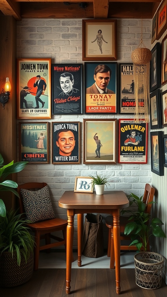 A cozy corner featuring vintage posters on a brick wall, with a wooden table and plants.