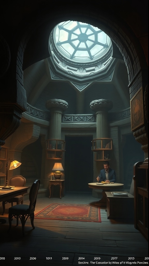 A cozy room with books, a man at a table, and a circular skylight, symbolizing creativity in card design.