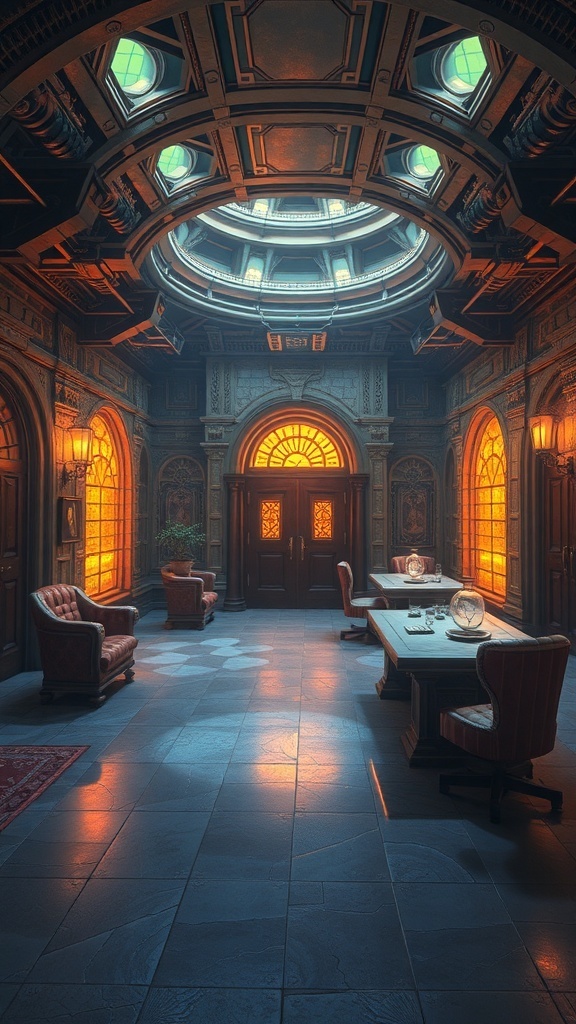 A beautifully designed room with intricate architecture and warm lighting.