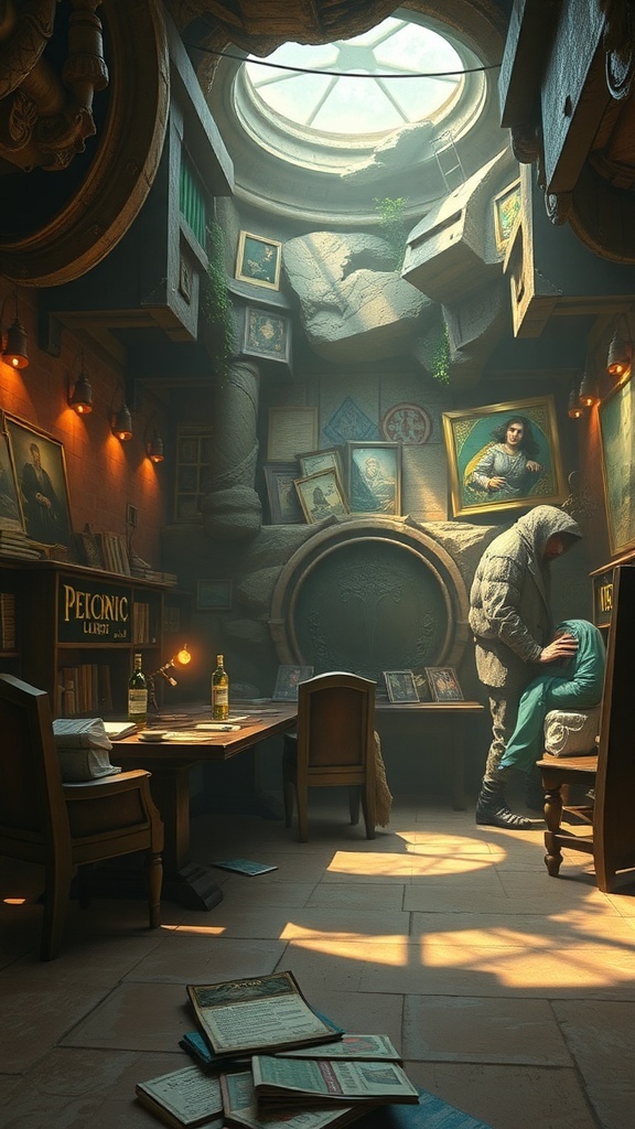 A cozy, dimly lit room filled with books and artwork, reflecting the rich lore of Magic: The Gathering.