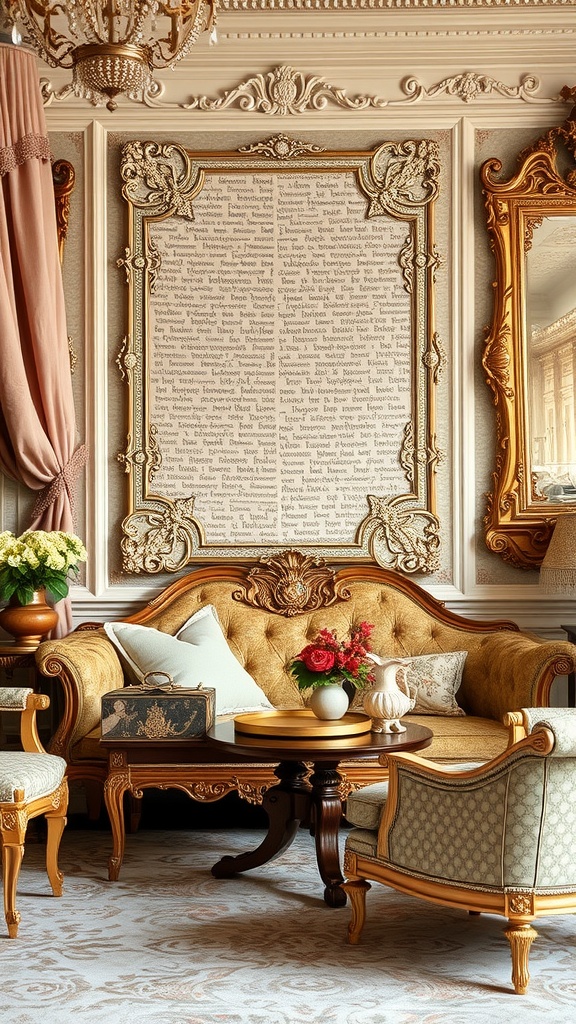A luxurious Rococo interior featuring ornate gold mirrors, plush furniture, and intricate wall designs.